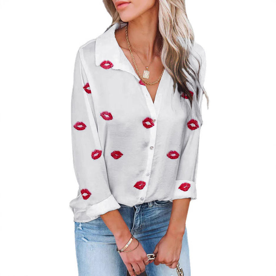 Damen Bluse mit romantischem Lippenmotiv und lässigem Schnitt Drune