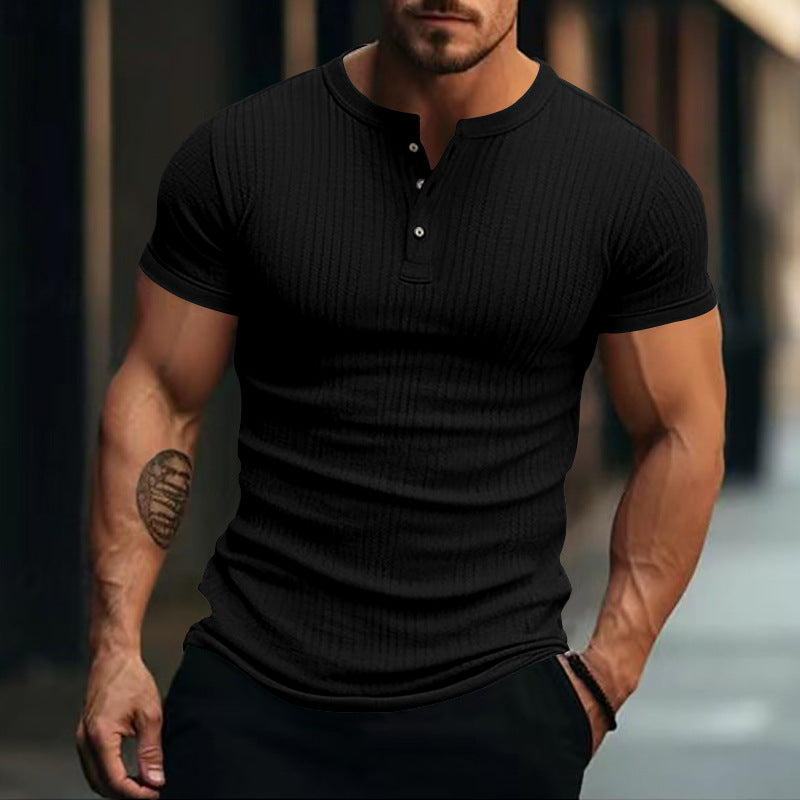 Herren nan eng anliegendes Kurzarm-Henleyshirt mit Rippenstruktur und kurzer Knopfleiste Drune