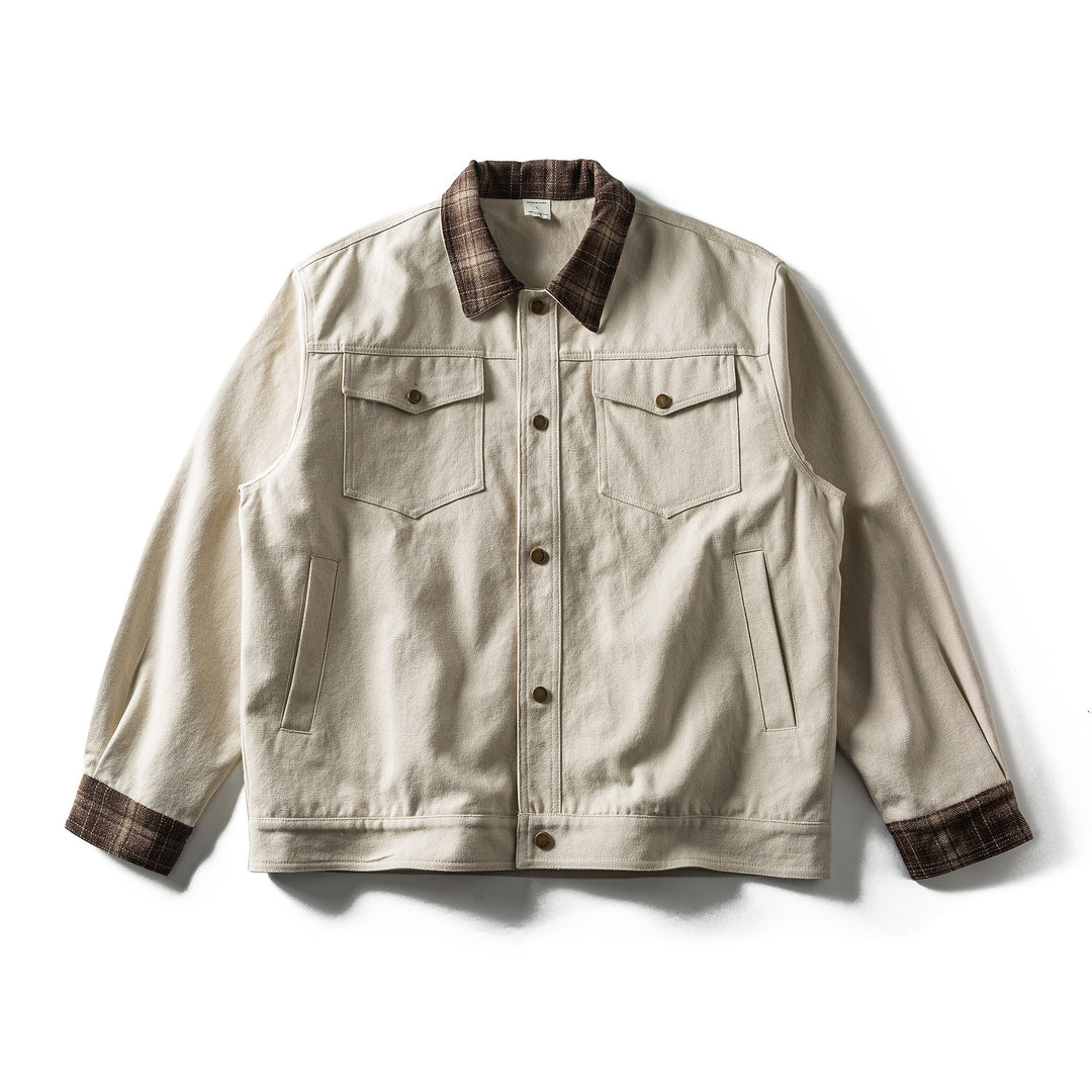 Herren Kurz geschnittener Canvas‑Blouson mit kariertem Kragen und Druckknopf‑Brusttaschen Drune