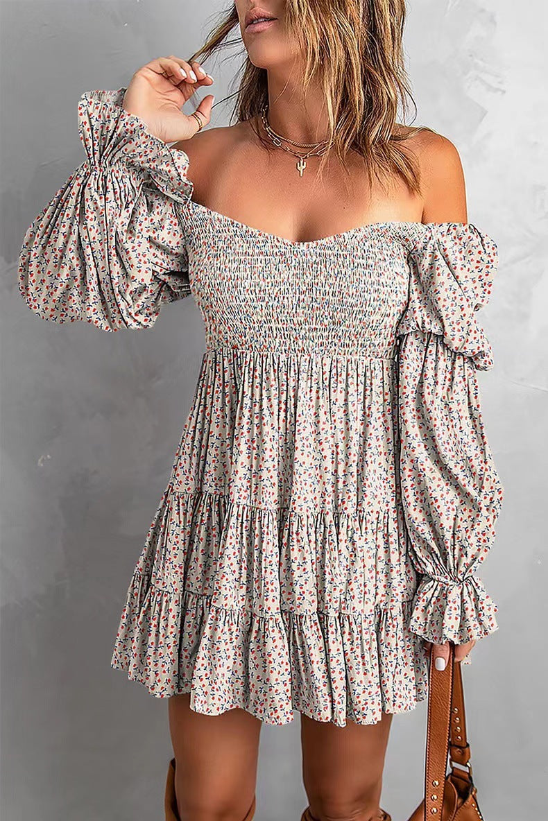 Damen Off-Shoulder Minikleid mit Smok-Oberteil, Volantstufen und gerafften Ballonärmeln Drune