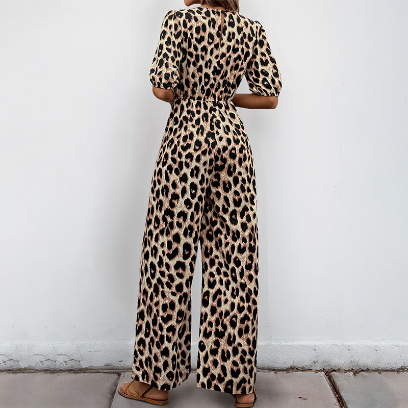 Damen lässiger Jumpsuit mit Leo-Muster und schulterfreien Puffärmeln Drune