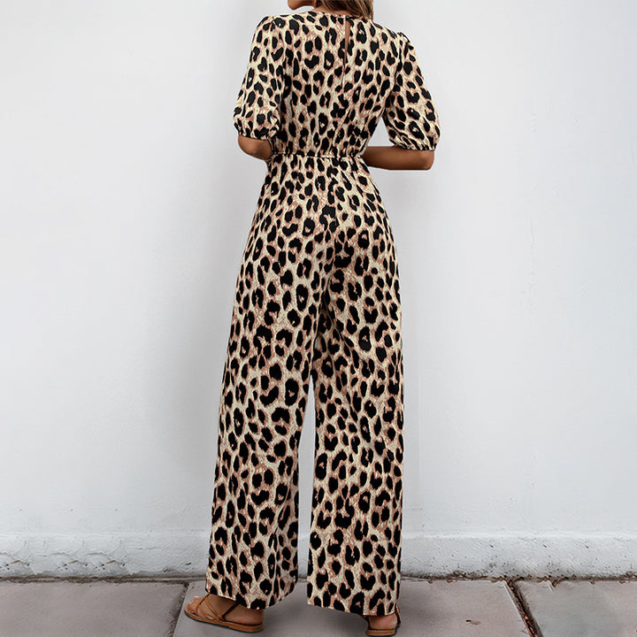Damen lässiger Jumpsuit mit Leo-Muster und schulterfreien Puffärmeln Drune