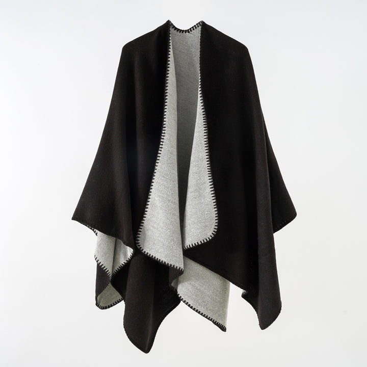 Damen Reversibler Strickponcho mit Zierkettnaht und Oversize-Fall Drune