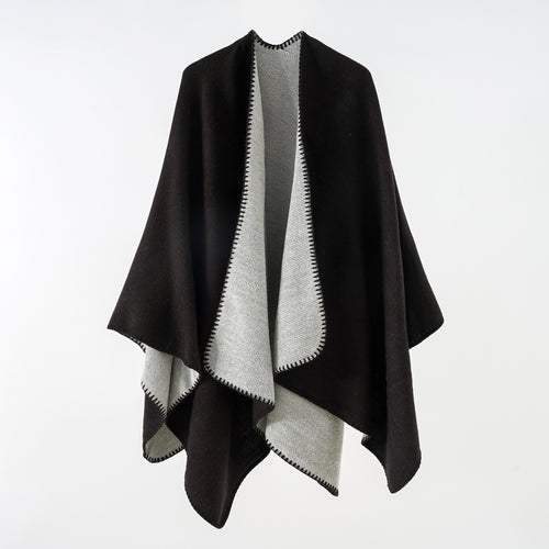 Damen Reversibler Strickponcho mit Zierkettnaht und Oversize-Fall Drune