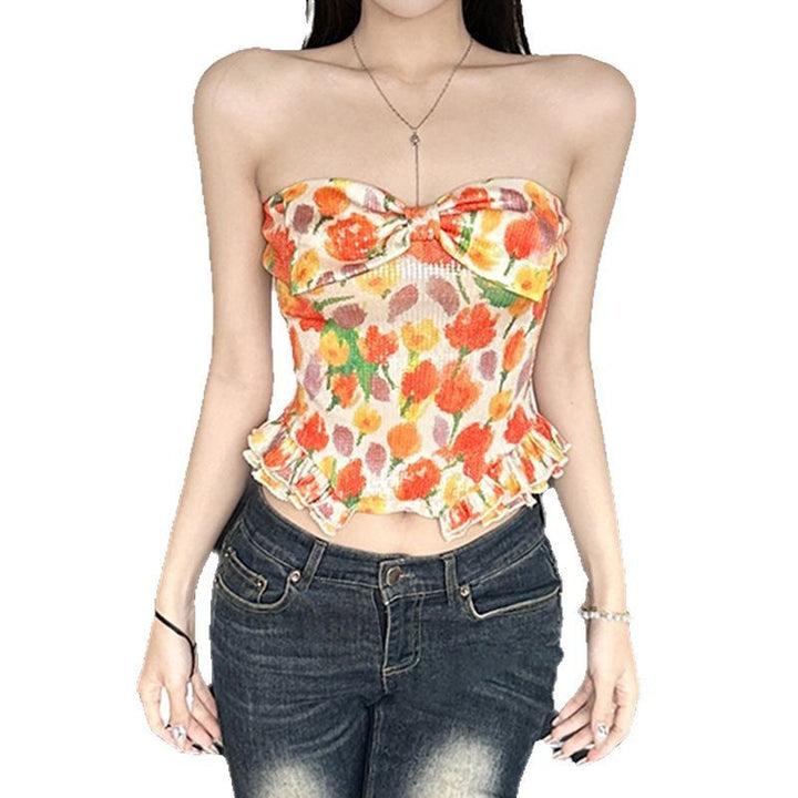 Damen Bustier-Top mit floralem Glitzerdesign und Rüschensaum Drune