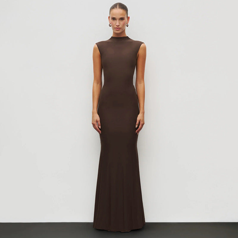 Damen Elegantes Schmalgeschossenes Maxikleid mit hohem Kragen Drune