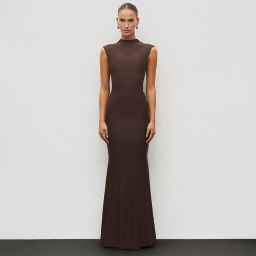 Damen Elegantes Schmalgeschossenes Maxikleid mit hohem Kragen Drune