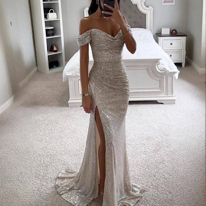 Damen Glamouröses Abendkleid mit schulterfreiem Schnitt und schimmerndem Stoff Drune