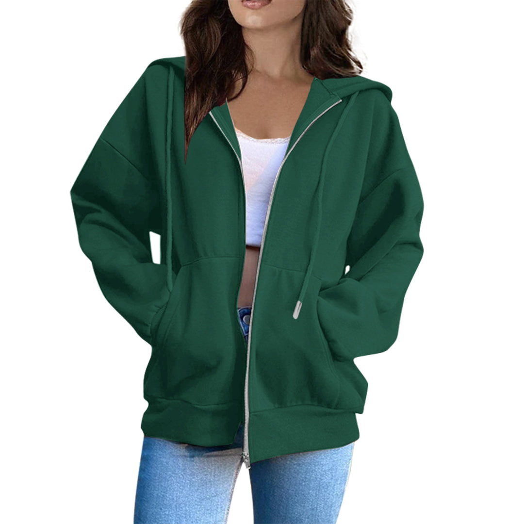 Damen nan lässige Kapuzenjacke mit durchgehendem Reißverschluss, Kängurutaschen und voluminösen Raglanärmeln Drune