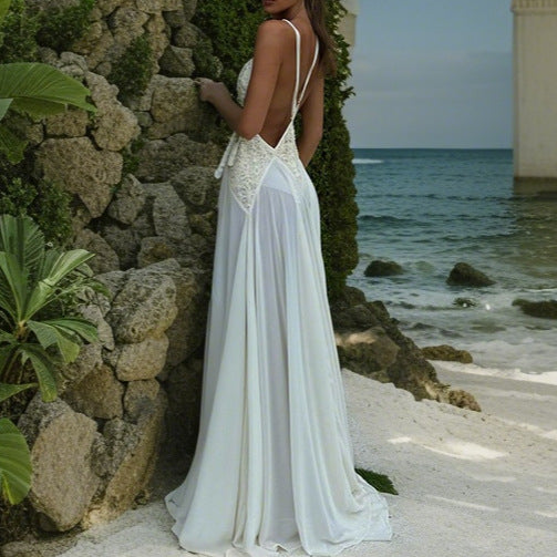 Damen Maxikleid mit tiefem V-Ausschnitt und eleganter Spitzenapplikation Drune
