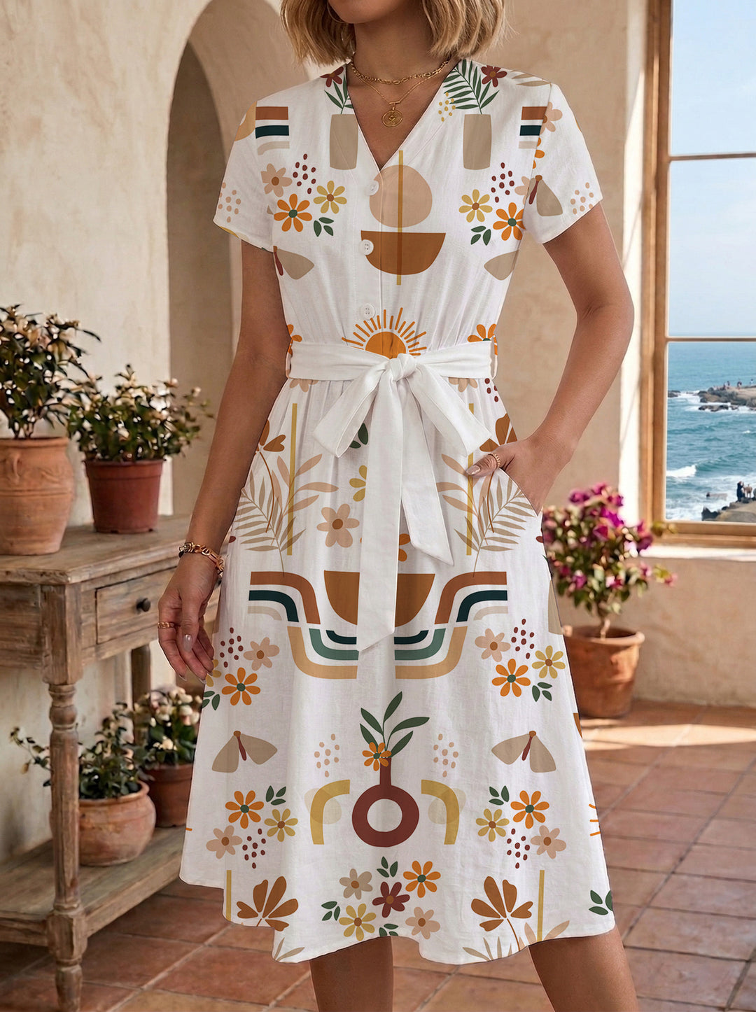 Damen Midikleid mit farbenfrohem Blumendesign und taillierbarem Bindegürtel Drune