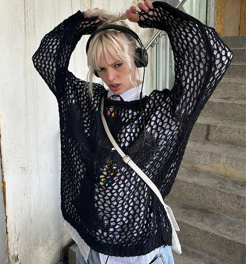 Damen luftiger Strickpullover mit offenem Netzdesign Drune