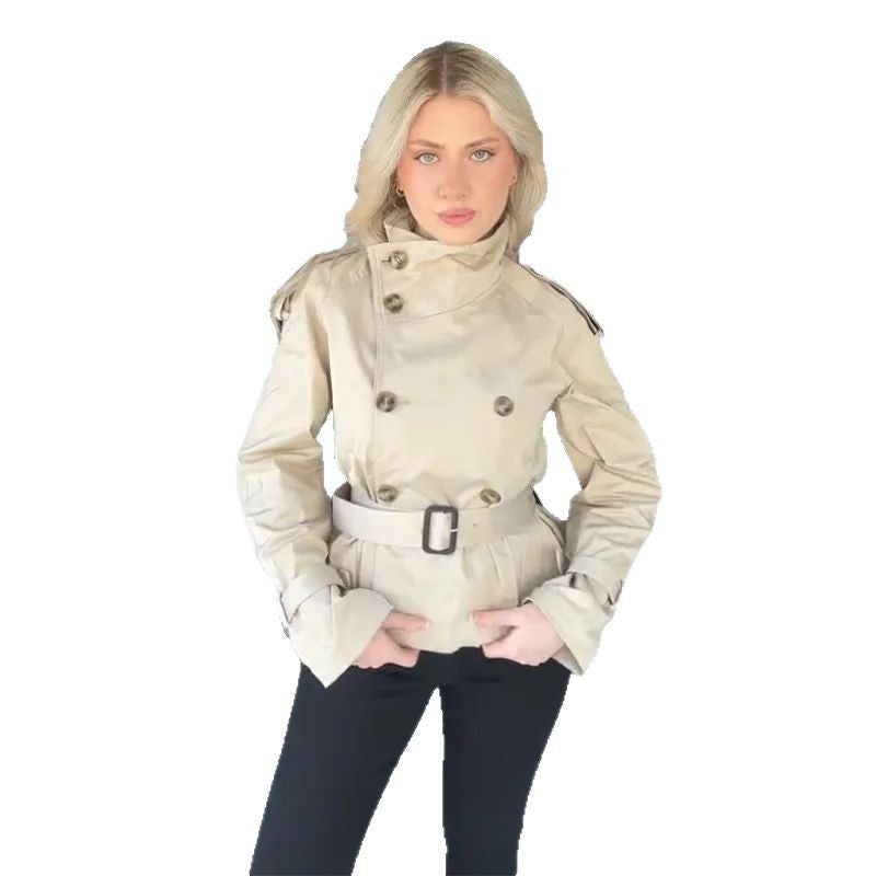 Damen Eleganter Kurz-Trenchcoat mit doppelter Knopfleiste und Taillengürtel Drune