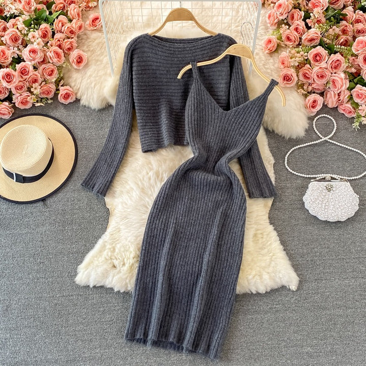 Damen Modisches Strickkleid- und Oberteil-Set Drune