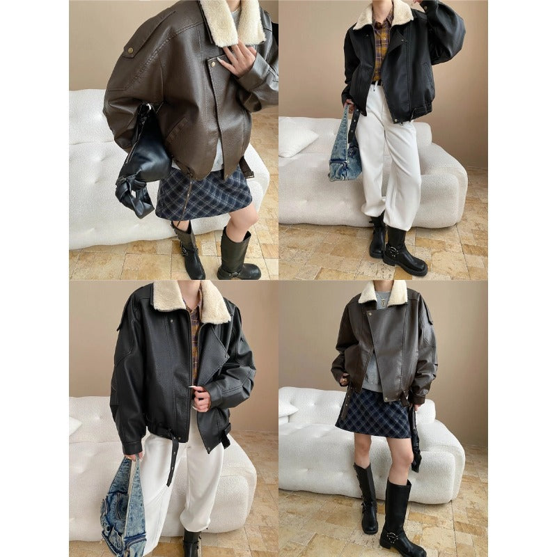 Damen lässige Kunstlederjacke mit großzügigem Kragen und weichem Futter Drune