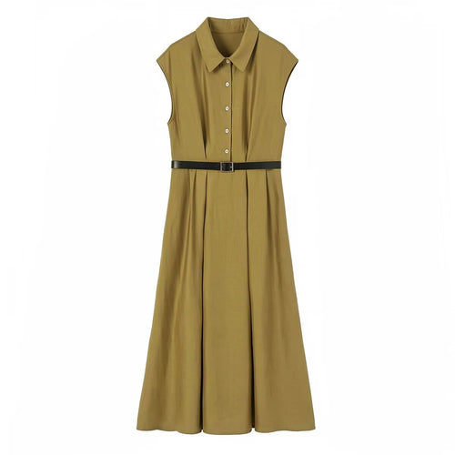 Damen Ärmelloses Hemdblusenkleid mit Taillenfalten und Gürtel Drune