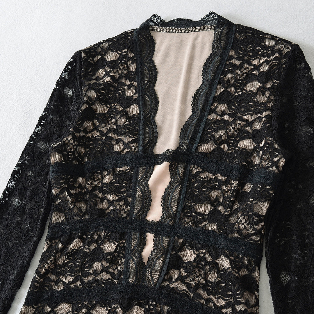 Damen Transparente Spitzenbluse mit V-Ausschnitt, taillierten Einsätzen und langen Ärmeln Drune