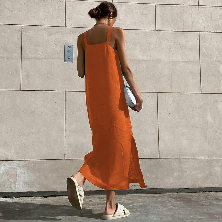 Damen Maxikleid aus hochwertigem Leinenstoff mit breiten Trägern und seitlichen Schlitzen Drune
