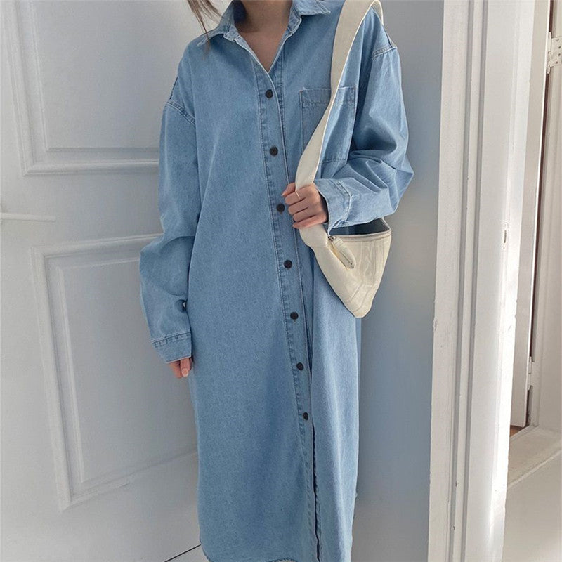 Damen Oversize-Denim-Maxikleid im Hemdstil mit Brusttasche und durchgehender Knopfleiste Drune