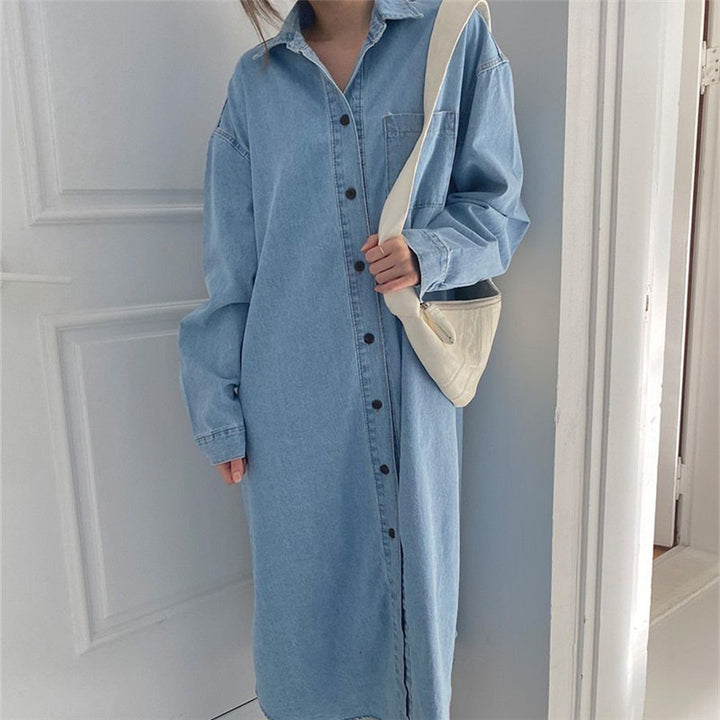 Damen Oversize-Denim-Maxikleid im Hemdstil mit Brusttasche und durchgehender Knopfleiste Drune