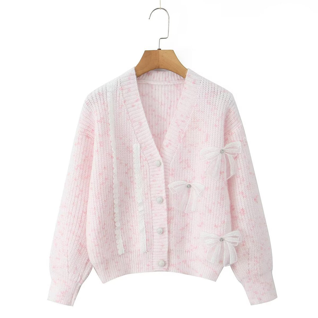 Damen Strickjacke mit dekorativen Schleifen und zartem Muster Drune