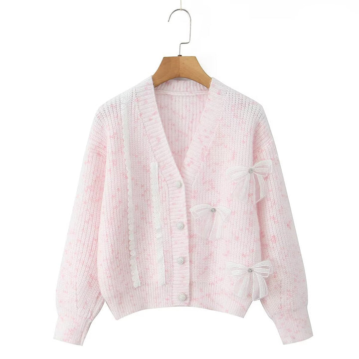 Damen Strickjacke mit dekorativen Schleifen und zartem Muster Drune