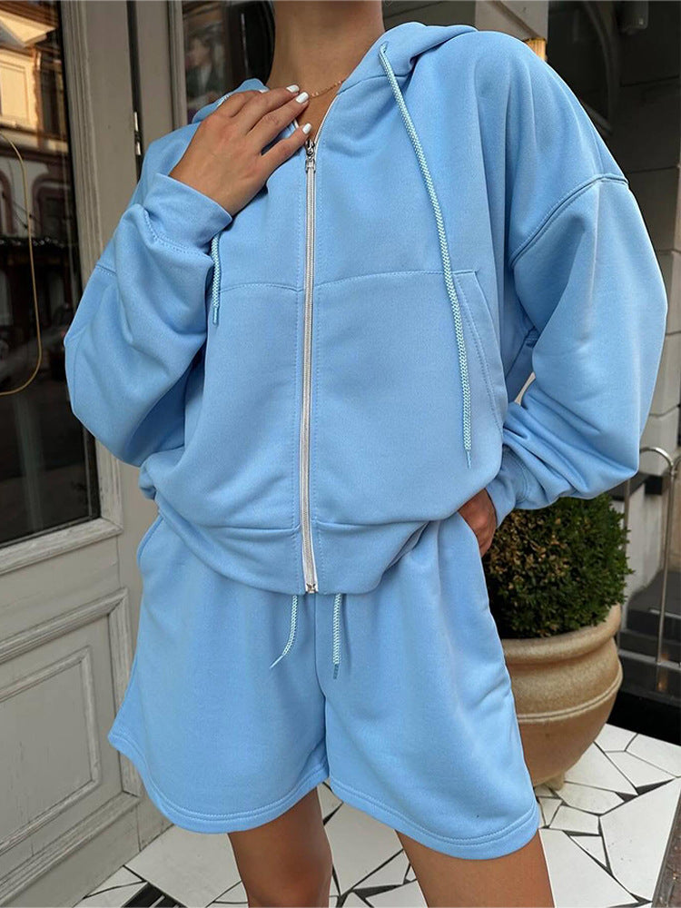 Damen nan kurzes Kapuzen-Sweatshirt mit Reißverschluss und elastischer Highwaist-Relax-Shorts Set Drune