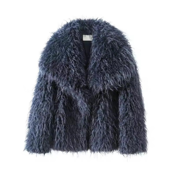 Damen Kurzjacke aus langflorigem Kunstpelz mit extra breitem Schalkragen Drune