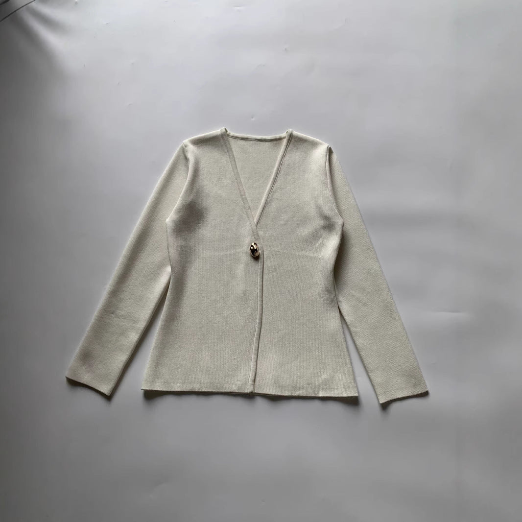 Damen Feiner V‑Ausschnitt-Cardigan mit Schmuckknopf und kastiger Silhouette Drune