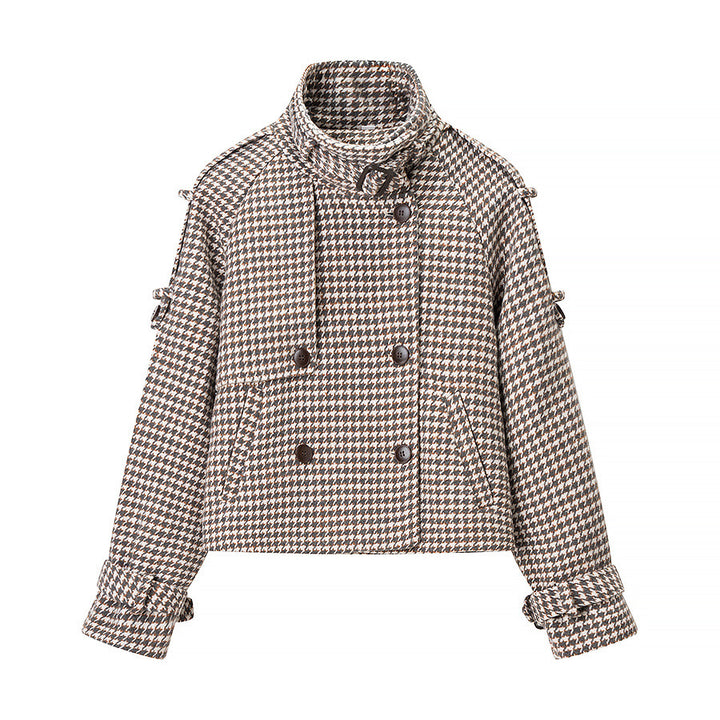 Damen Kurze zweireihige Boxy‑Jacke im Hahnentritt mit hohem Stehkragen und dekorativen Schnallen Drune