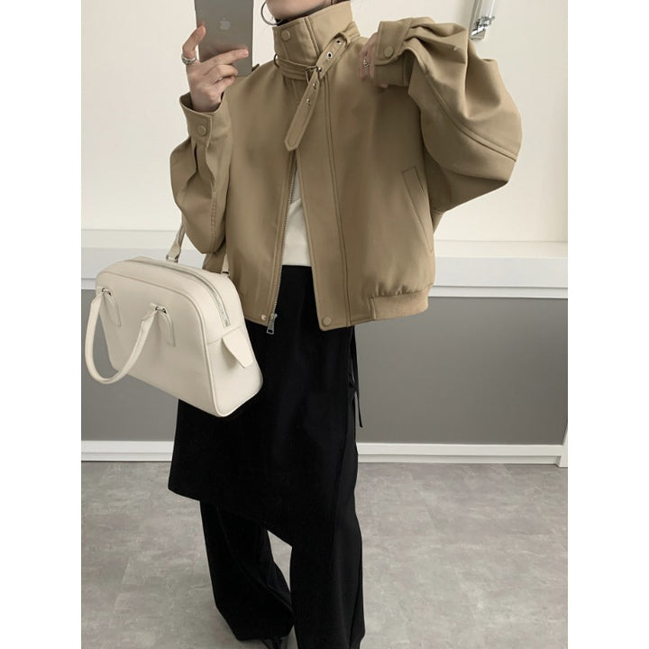 Damen Kurze Bomberjacke im Trench-Style mit hohem Stehkragen und Schulterpatten Drune