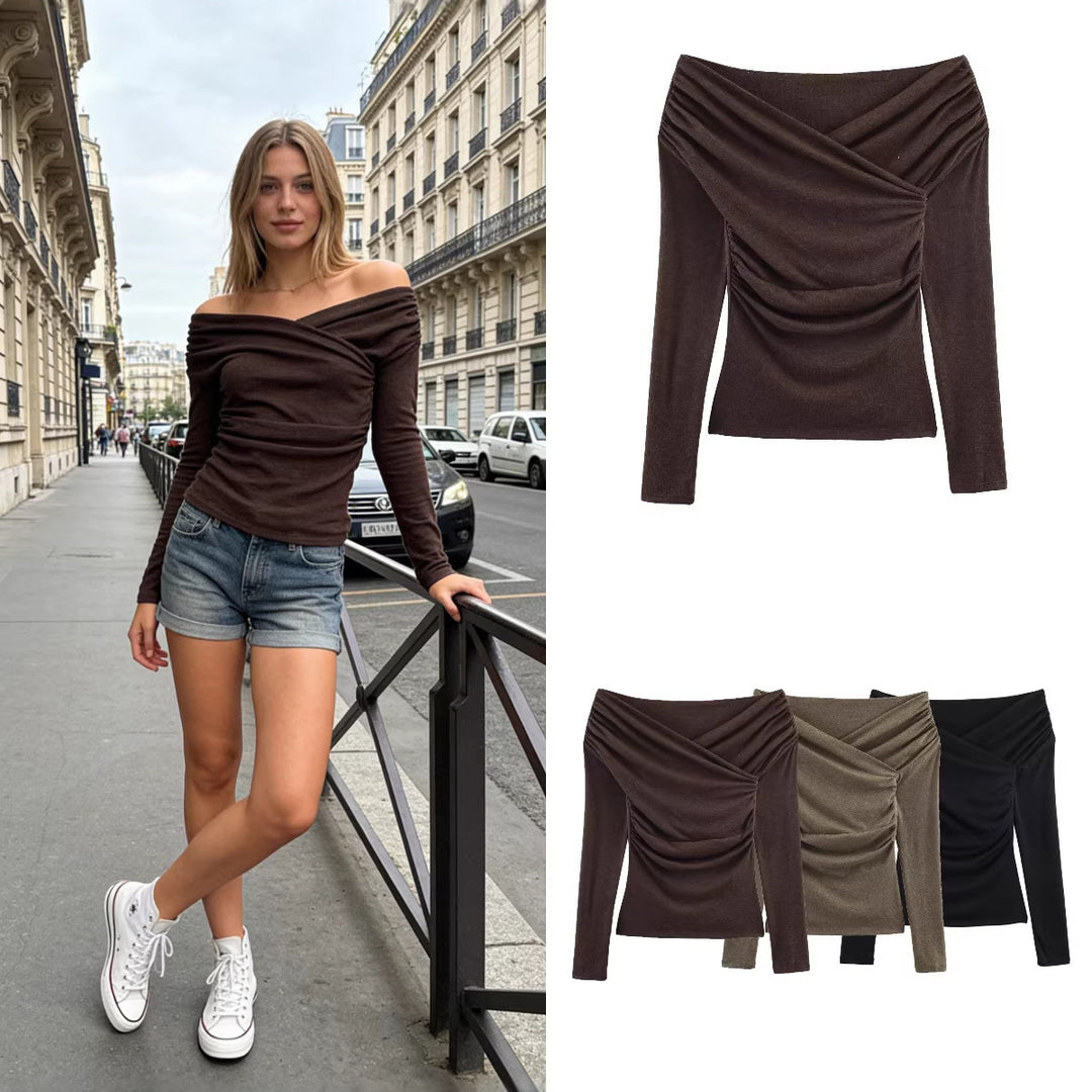 Damen Schulterfreies gerafftes Langarmtop mit Wickel‑Drapierung Drune