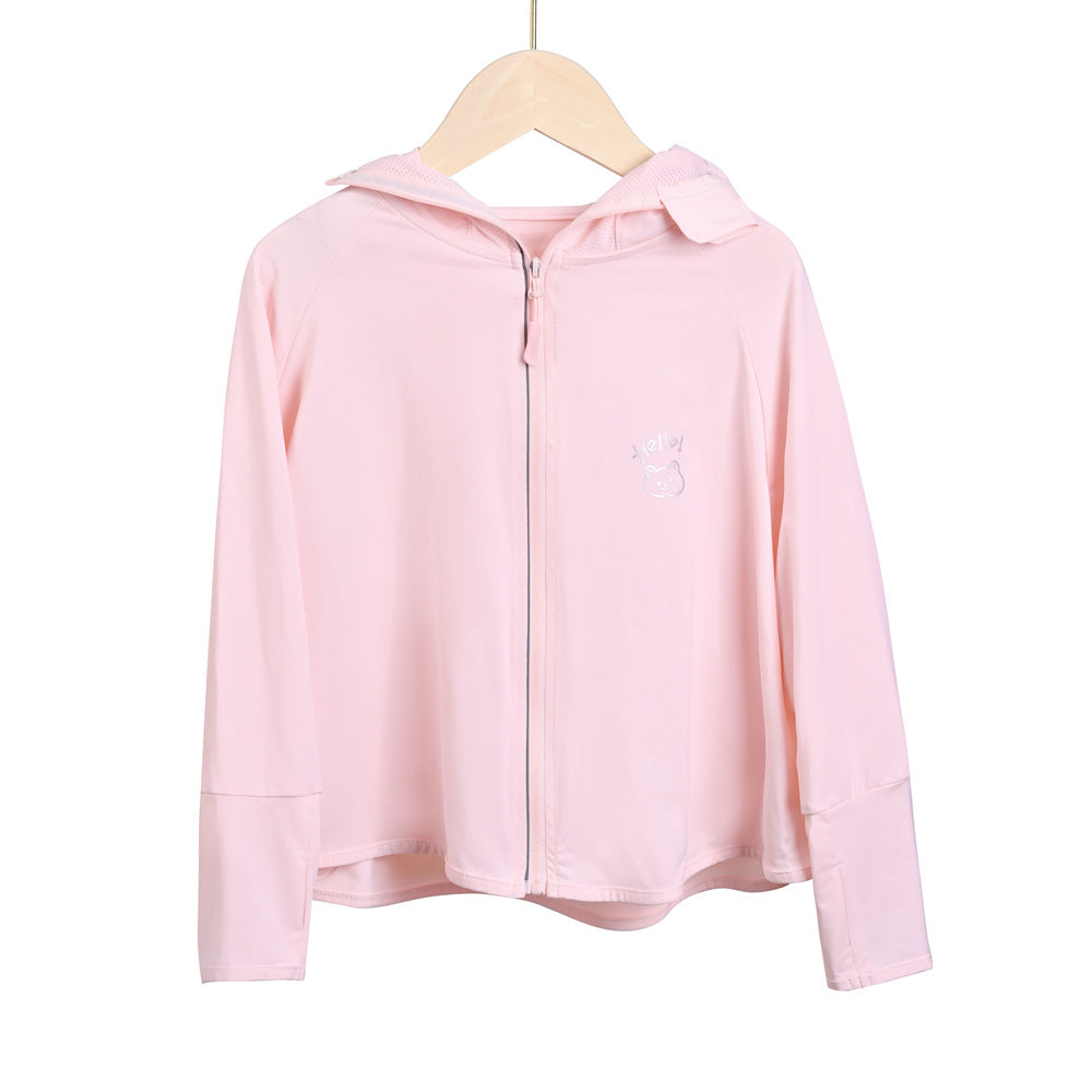 Damen leichte Sportjacke mit Kapuze und dezentem Motiv Drune