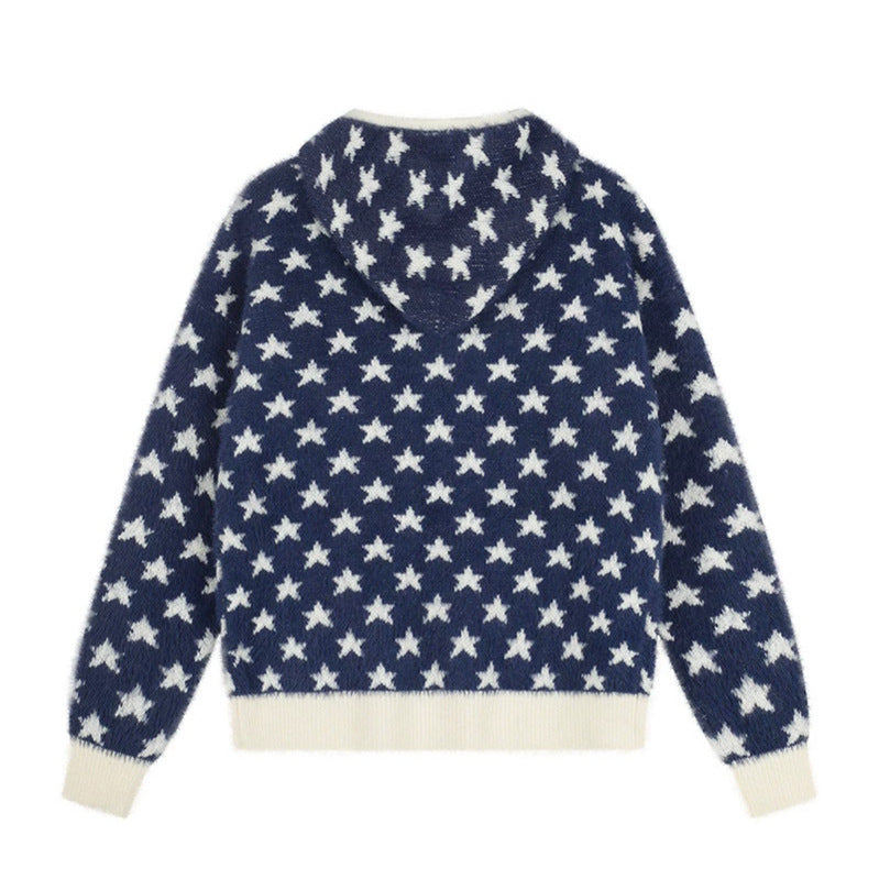 Damen Flauschige Strick-Zipjacke mit Allover-Sternmuster, Kängurutaschen und Rippbündchen Drune