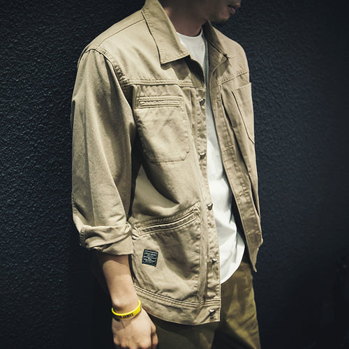Herren Utility-Hemdjacke aus Canvas mit Pattentaschen und durchgehender Knopfleiste Drune