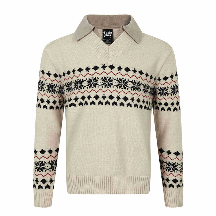 Herren Norweger-Strickpullover mit V‑Ausschnitt und kontrastierendem Hemdkragen Drune