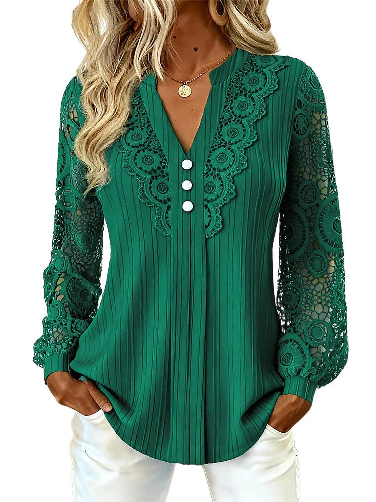 Damen Elegante Plissée-Bluse mit Spitzenärmeln und V-Ausschnitt Drune