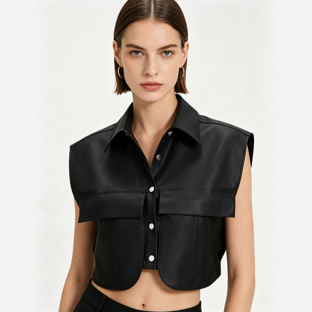 Damen Kurze ärmellose Kunstleder-Weste mit Oversize-Schultern Drune