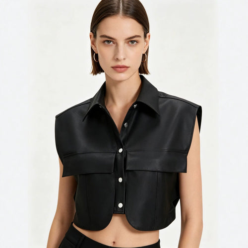 Damen Kurze ärmellose Kunstleder-Weste mit Oversize-Schultern Drune