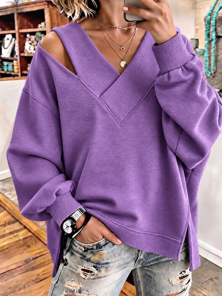 Damen Oversize-Sweatshirt mit V‑Ausschnitt und Cut-Out-Schulter Drune