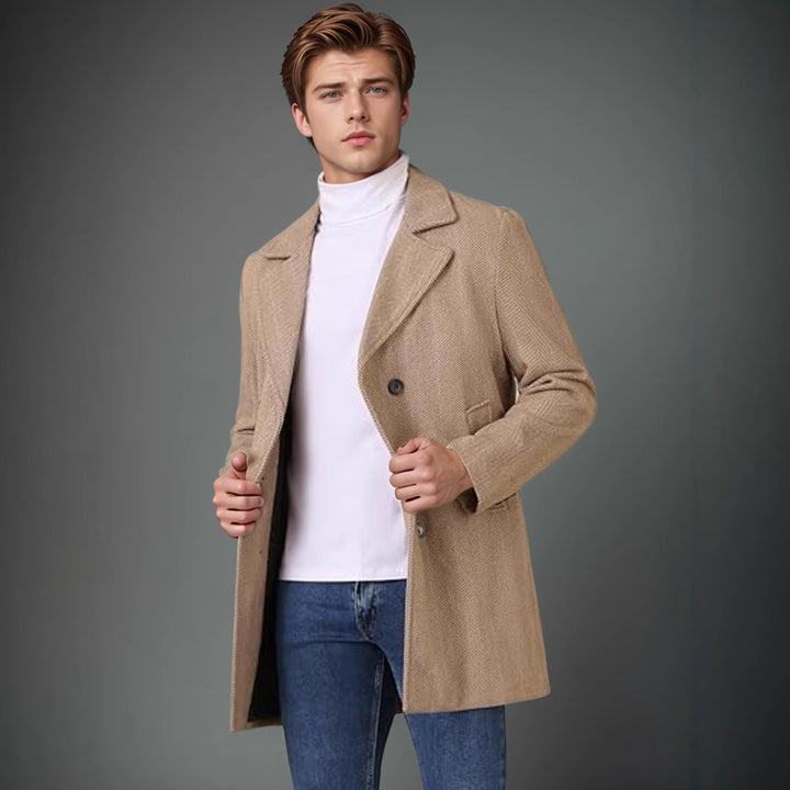 Herren eleganter Doppelreiher-Mantel mit strukturiertem Herringbone-Muster Drune