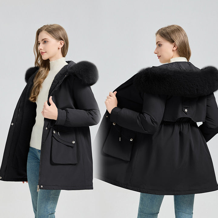 Damen nan funktionaler Thermoparka mit innenliegendem Teddyfutter, verstellbarer Kordel-Taille und großen Aufsatztaschen Drune
