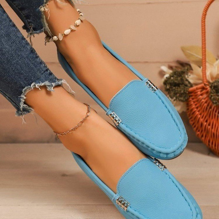 Damen nan schlanke Mokassin-Slipper mit handgenähter Vordernaht, gepolstertem Komfortfußbett und flexibler rutschfester Gummisohle Drune