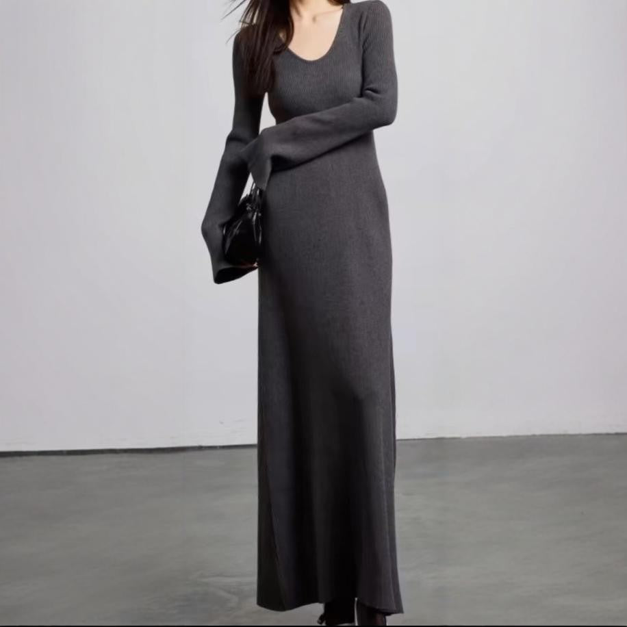 Damen elegantes Maxikleid mit feiner Rippstruktur und V-Ausschnitt Drune