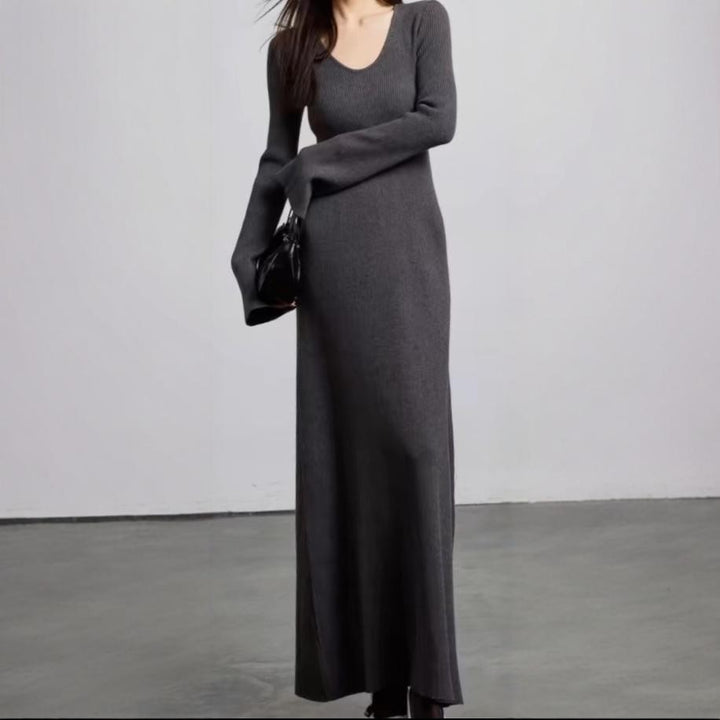 Damen elegantes Maxikleid mit feiner Rippstruktur und V-Ausschnitt Drune