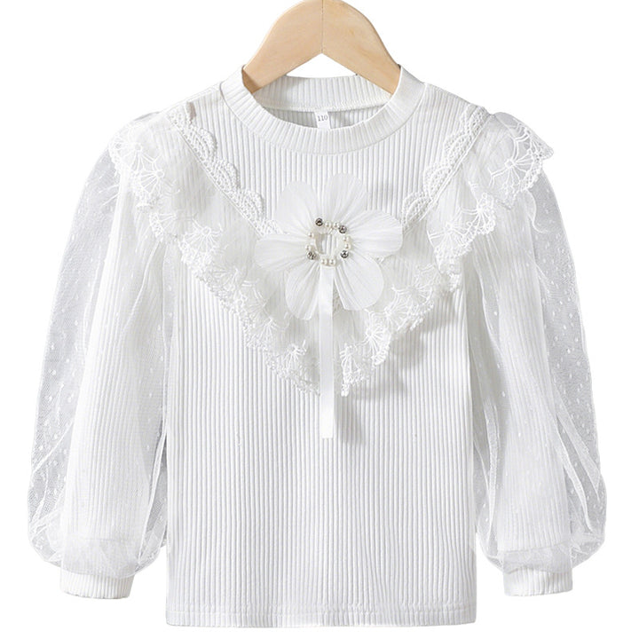 Mädchen Langarmshirt mit elegantem Tüllbesatz und Blumendekor Drune
