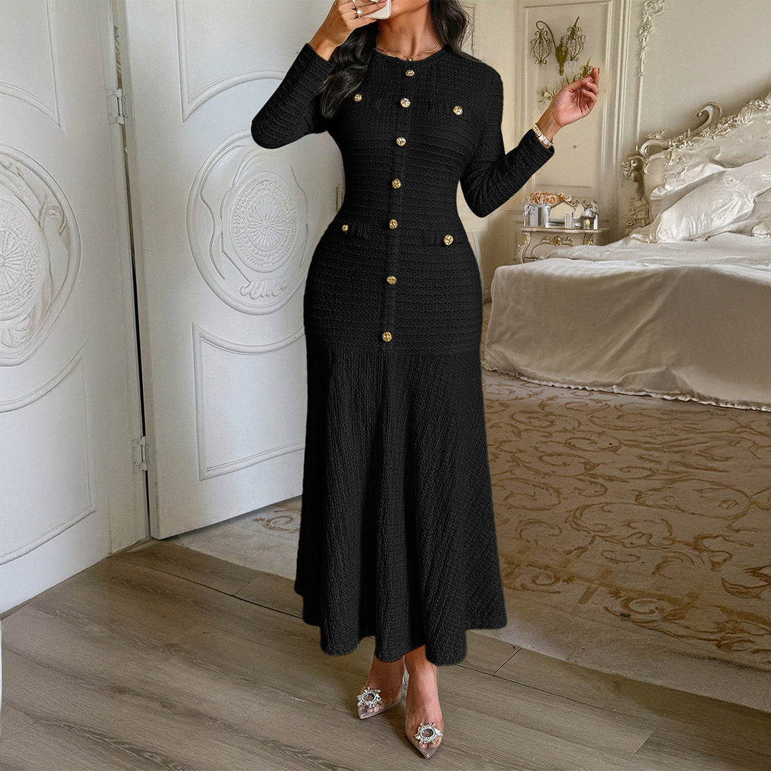 Damen nan tailliertes Maxi-Strickkleid mit durchgehender Knopfleiste und dekorativen Zierknöpfen Drune