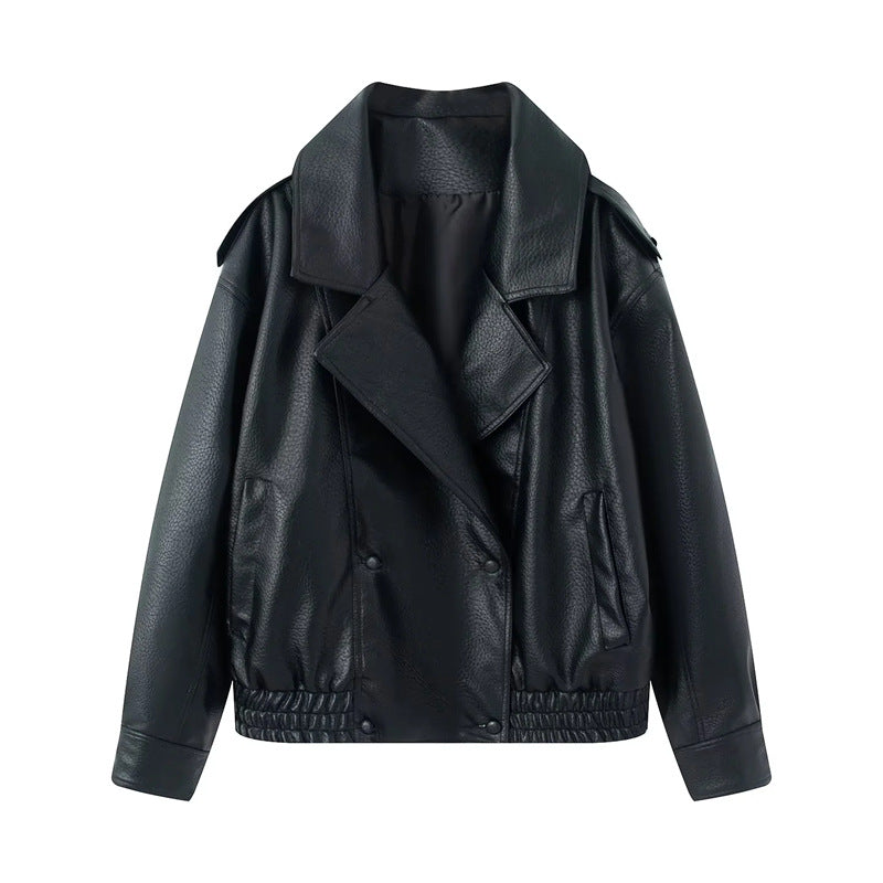 Damen nan kurzer Oversize Kunstleder-Blouson mit Schalkragen, Druckknopf-Doppelreihe und elastischem Saum Drune