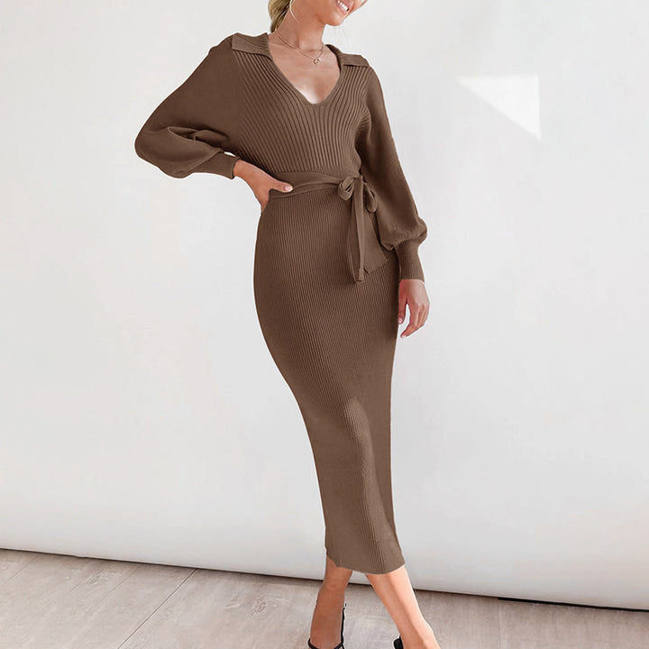 Damen Elegantes Strickkleid mit V-Ausschnitt und Taillengürtel Drune
