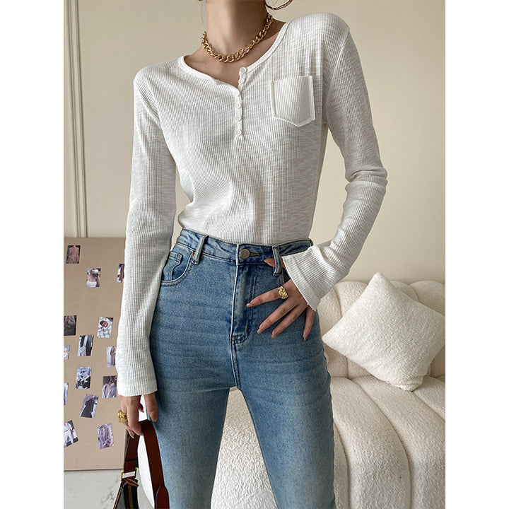 Damen Langarm-Henley-Shirt mit Knopfdetails und feiner Rippstruktur Drune